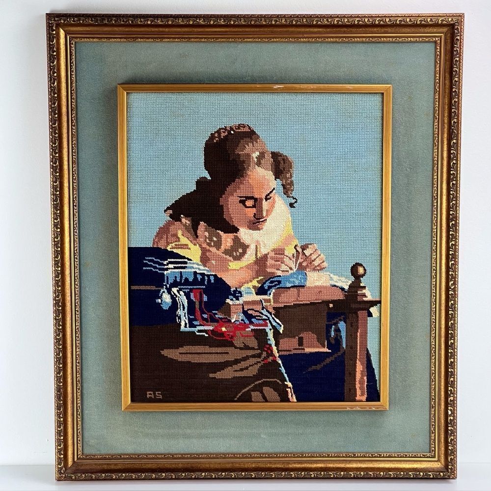 Vintage French Breton Lady Needlepoint Canvas Wall Tapestry In Gold Frame